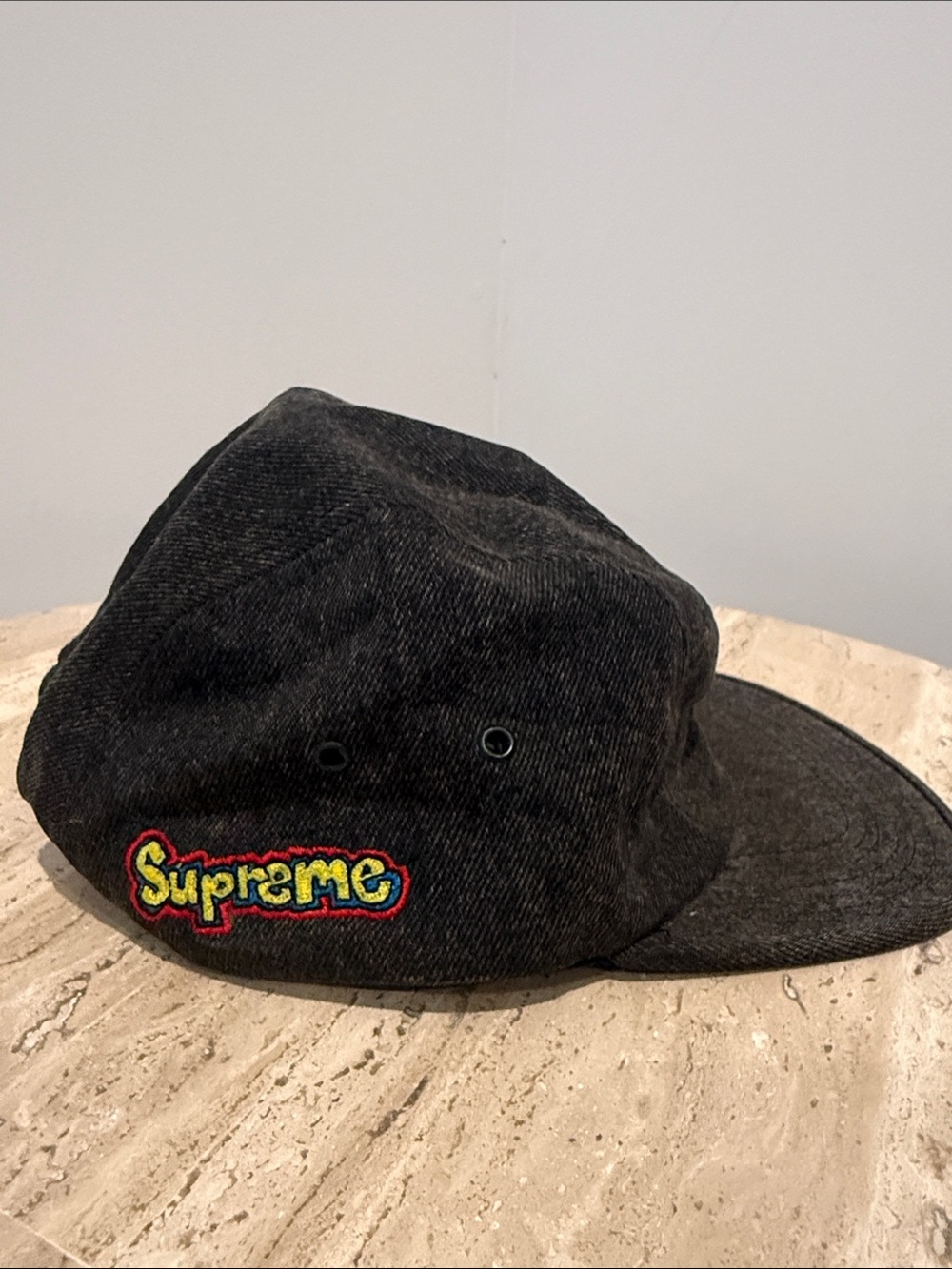 Supreme Black Denim 5-Panel Cap with Multicolor Patch